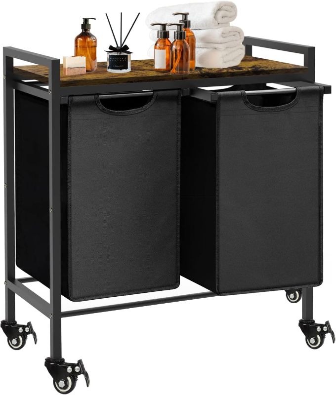 Photo 1 of AnBaiMei Double Laundry Hamper with Wheels & 2 Pull Out Section Removable Bags, Extra Large Dual Rolling Laundry Sorter Basket Organizer with Shelf for Bathroom, Bedroom, Laundry Room, 2 x 9Gal, Black