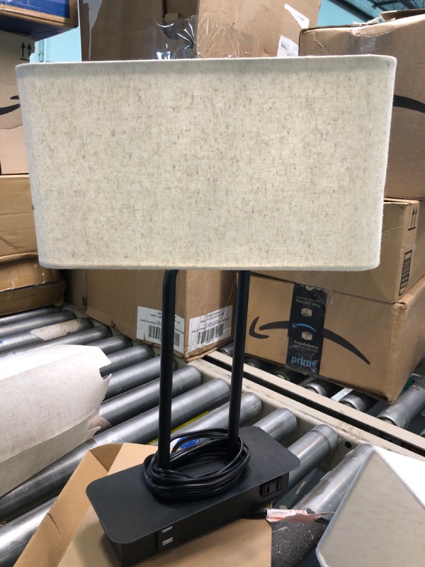 Photo 3 of 3-Way Dimmable Touch Control Table Lamp with 2 USB Ports and AC Power Outlet Modern Bedside Nightstand Lamp with Fabric Shade and Metal Base for Guestroom Bedroom Living Room & Hotel LED Bulb Included Cream