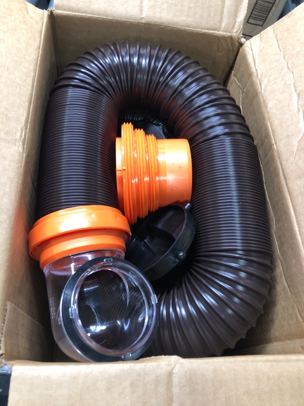 Photo 3 of Camco RhinoFLEX RV Sewer Hose Kit with Swivel Transparent Elbow and 4-in-1 Dump Station Fitting, Brown, 15 Feet (39770) 15ft Sewer Hose Kit Frustration-Free Packaging