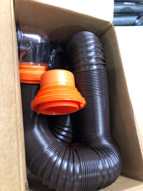 Photo 3 of Camco RhinoFLEX RV Sewer Hose Kit with Swivel Transparent Elbow and 4-in-1 Dump Station Fitting, Brown, 15 Feet (39770) 15ft Sewer Hose Kit Frustration-Free Packaging