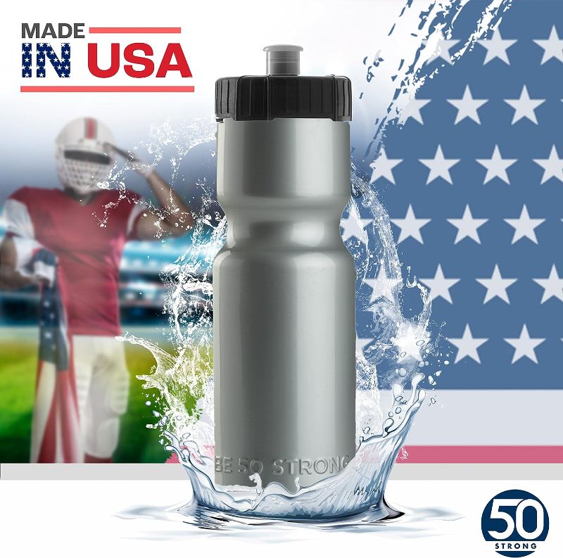 Photo 1 of 50 Strong Sports Squeeze Water Bottle 2 Pack – 22 oz. BPA Free Easy Open Push/Pull Cap – USA Made (Silver)