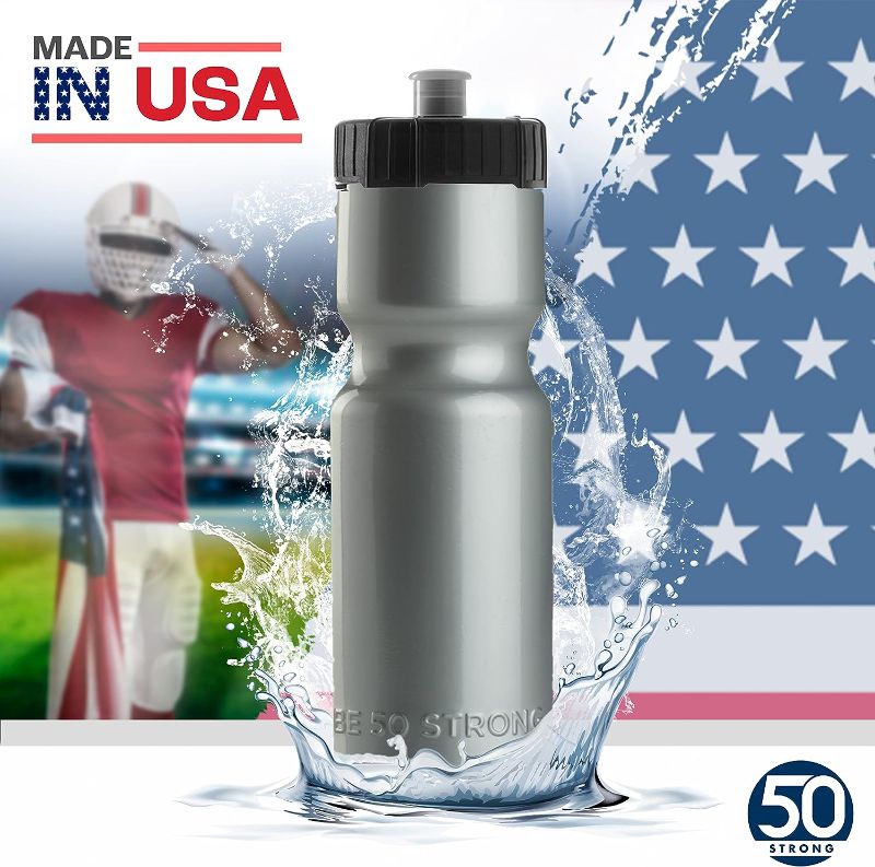 Photo 1 of 
50 Strong Sports Squeeze Water Bottle 2 Pack – 22 oz. BPA Free Easy Open Push/Pull Cap – USA Made (Silver)
