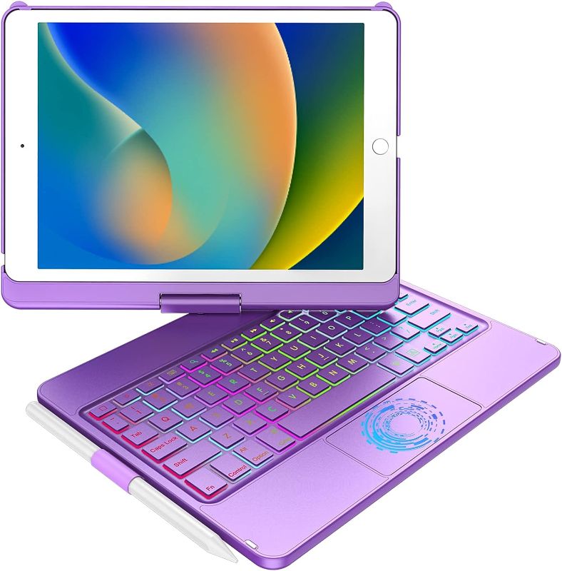Photo 1 of Touchpad Keyboard Case for iPad 9th Generation 10.2", Multi-Touch & Backlit Keys, 360° Rotatable & Pencil Holder, Protective Case with Backlit Trackpad Keyboard for iPad 10.2 iPad 9th/8th/7th (Purple)