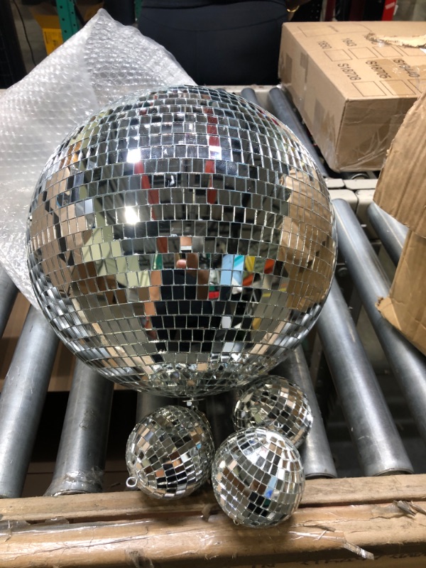 Photo 3 of 4 pack Large Disco Ball Silver Hanging Disco Balls Reflective Mirror Ball Ornament for Party Holiday Wedding Dance and Music Festivals Decor Club Stage Props DJ Decoration (12 Inch, 3 Inch)