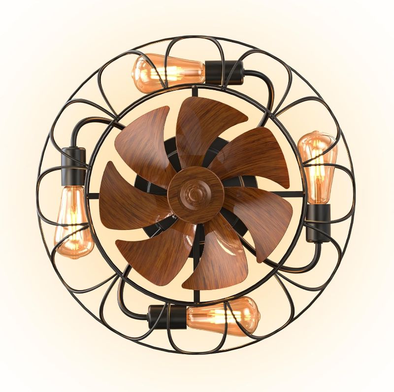 Photo 1 of 19.7" Caged Ceiling Fan with Light, Semi-Enclosed Low Profile Flush Mount Small Industrial Ceiling Fan with Light, Included 5 * 2700K Edison Bulbs,6 Wind Speed, Reversible, Quiet DC Motor