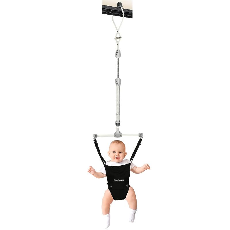 Photo 1 of Cowiewie 2 in 1 Baby Door Jumper w/Baby Walking Harness Function, Baby Jumper with Door Clamp Adjustable Strap and Seat (Black)