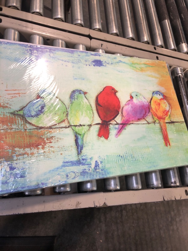 Photo 3 of Bird Pictures Wall Decor Five Singing Birds Oil Painting Canvas Print Artwork Modern Abstract Painting Walls Art for Home Bathroom Bedroom Kitchen Living Room, Framed 16X24 Inch Ready to Hang Green 16"X24"