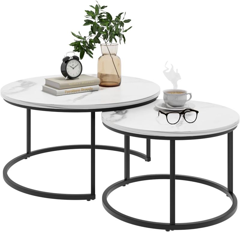 Photo 1 of 
Roll over image to zoom in







Semiocthome Round Nesting Coffee Table, 31.5" White Modern Accent Wood Coffee Tables Set of 2, Faux Marble Coffee Table for Living Room Small Space, End Side Nesting Tables with Sturdy Metal Frame

