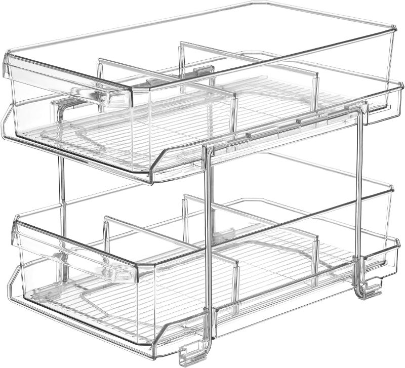 Photo 1 of 2 Tier Clear Organizer with Dividers for Cabinet / Counter, MultiUse Slide-Out Storage Container - Kitchen, Pantry, Medicine Cabinet Storage Bins - Bathroom, Vanity Makeup, Under Sink Organizing Tray