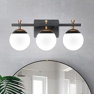 Photo 1 of Anicompa 3-Light Bathroom Vanity Light, Black and Brushed Gold Bathroom Lights Over Mirror, Bathroom Light Fixtures with Frosted Glass Shade and Metal Base