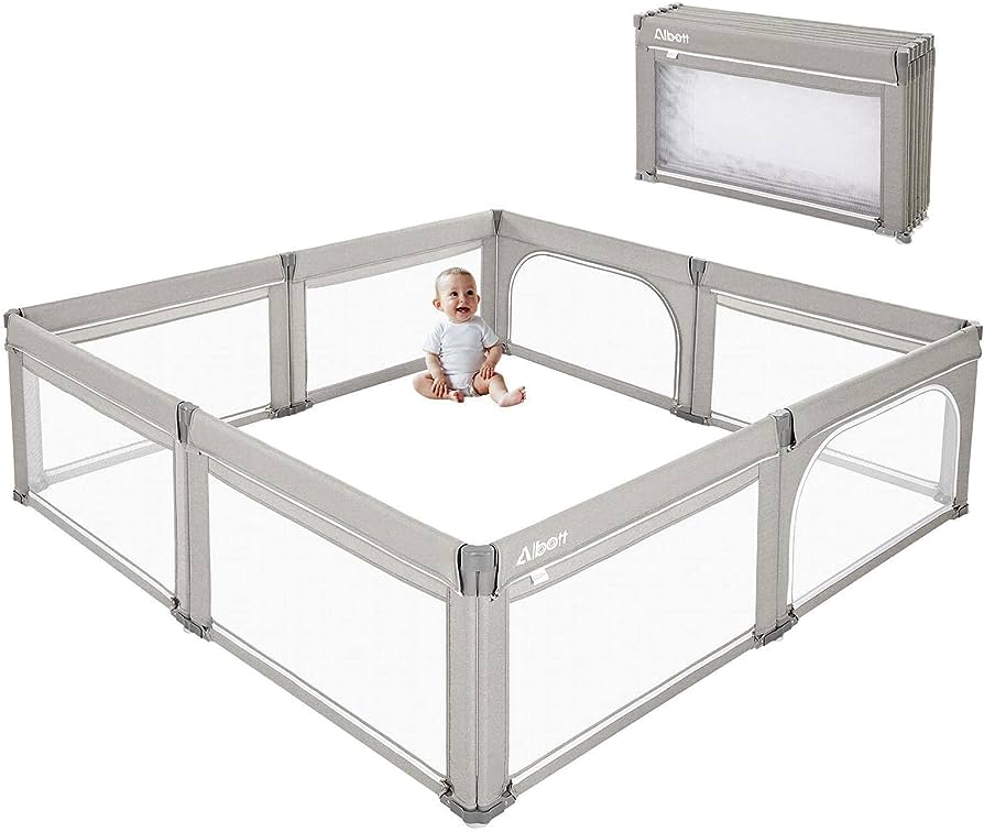 Photo 1 of Albott Baby Playpen- Foldable Playpen for Babies and Toddlers 89x89 in Baby Play Yards, 55 sq. ft Portable Baby Fence(XXL, Light Grey) HN-011