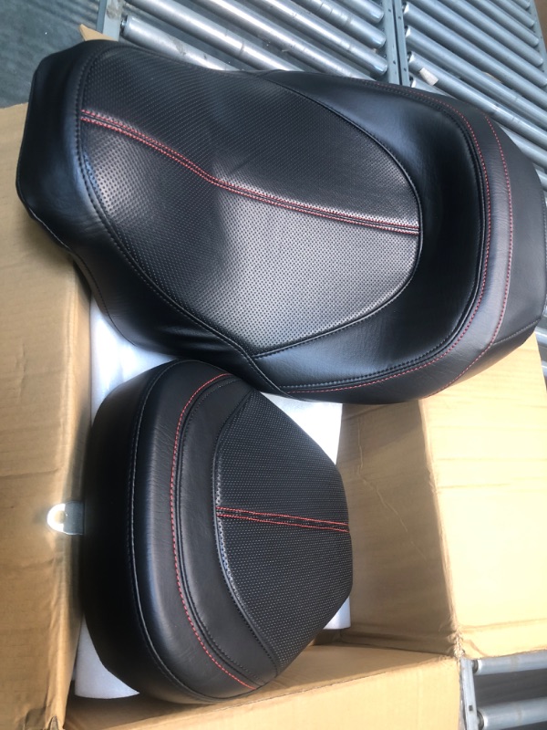 Photo 3 of Low-Profile Rider Pillion Passenger Seat Motorcycle Seats for Harley Touring 2009-2022 Road King Road Glide Street Glide [Two Peice Driver & Passenger Seat, Red Stitching] Carbon Fiber Textured-Red Stitching-01 Seat