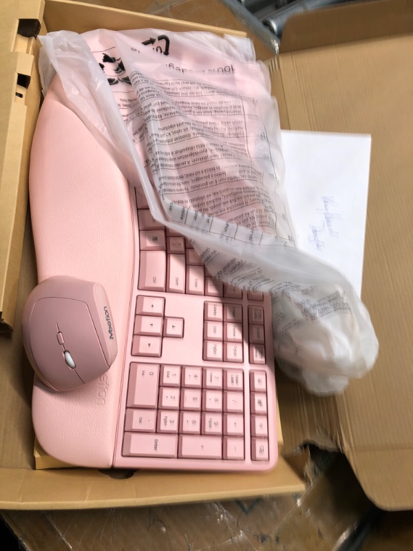 Photo 3 of MEETION Ergonomic Wireless Keyboard and Mouse, Ergo Keyboard with Vertical Mouse, Split Keyboard with Cushioned Wrist Palm Rest Natural Typing Rechargeable Full Size, Windows/Mac/Computer/Laptop, Pink Large Pink