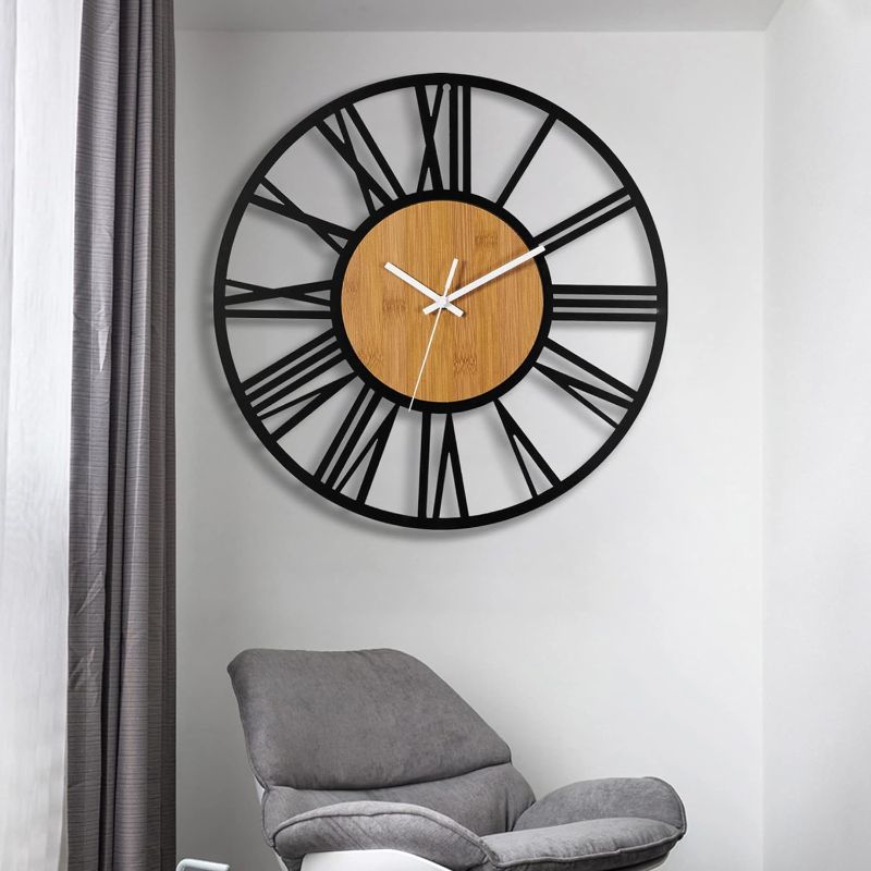 Photo 1 of 1st owned Wall Clock for Home Decor - Antique 24 Inch Wood Wall Clocks Battery Operated Nearly Silent Little Ticking Simple Minimalist Roman Numbers Clock Decorative for Bedrrom 60CM Black