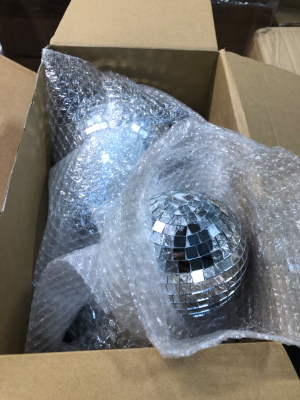 Photo 3 of 8 Pcs Large Disco Ball Set Silver Mirror Disco Balls Reflective Ball with Hanging Ring Party Hanging Ornament Decoration for Stage Club Ballroom Dance Hall Wedding Prom Props Supplies, 8'' 6'' 4'' 8'', 6'', 4''