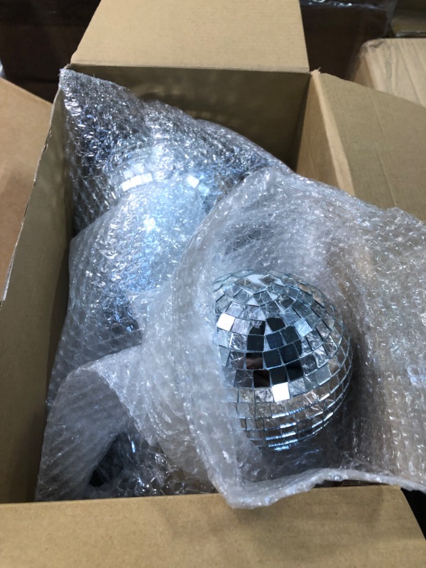 Photo 2 of 8 Pcs Large Disco Ball Set Silver Mirror Disco Balls Reflective Ball with Hanging Ring Party Hanging Ornament Decoration for Stage Club Ballroom Dance Hall Wedding Prom Props Supplies, 8'' 6'' 4'' 8'', 6'', 4''