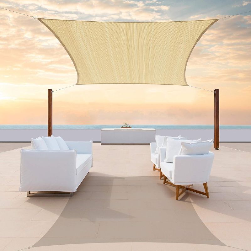 Photo 1 of  14' x 18' Beige Sun Shade Sail Rectangle CTSLR1418 - Canopy Mesh Fabric UV Block - Commercial Heavy Duty - 190 GSM -  1 4' x 1 8' Beige