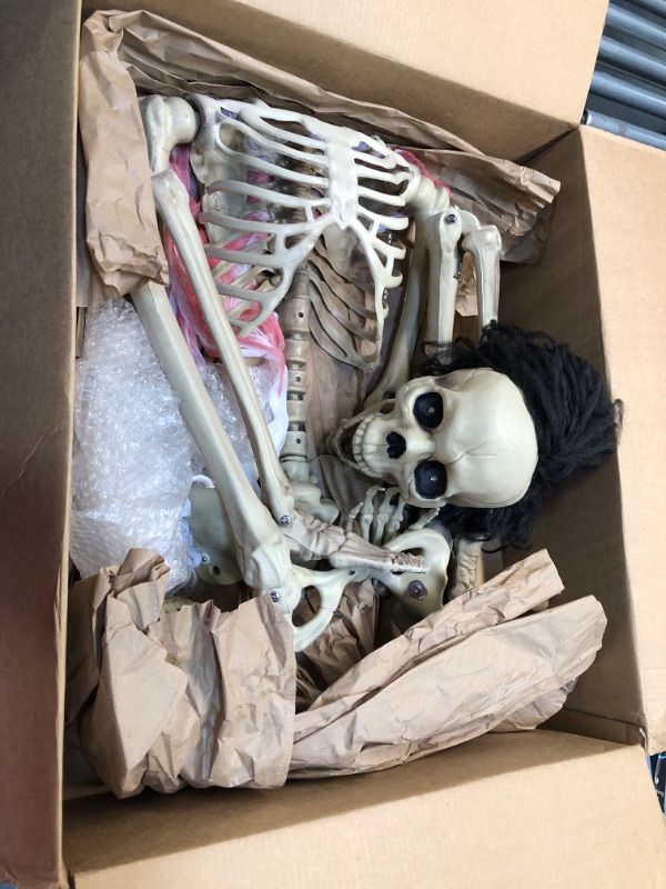 Photo 1 of 5.4Ft/165cm Halloween Skeleton Full Body Life Size Human Skeleton Bones with Movable Joints for Indoor Outdoor Halloween Props Decorations (Short Wigs)