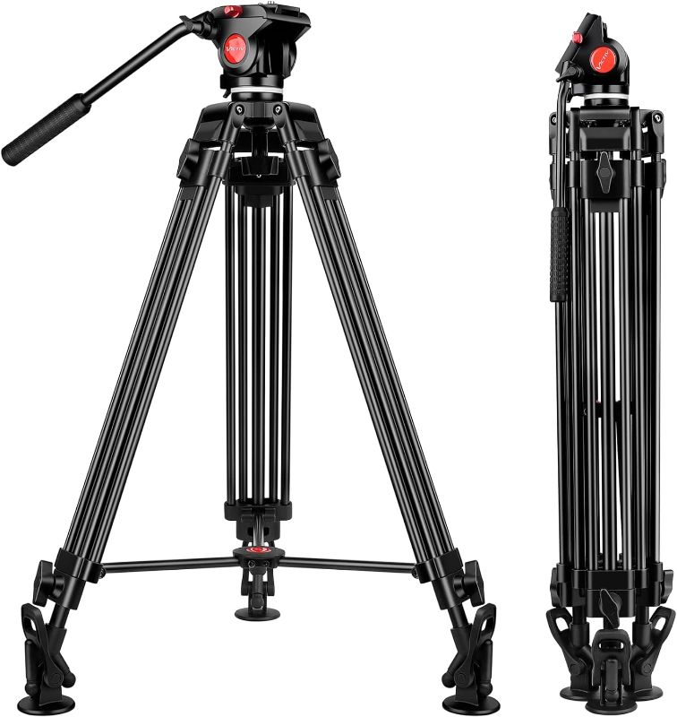 Photo 1 of Video Tripod, 72 inch Professional Heavy Duty Tripod with Fluid Head and Mid-Level Spreader, Aluminum Camera Tripod for Canon Nikon DSLR Camcorder Cameras, Max Load:17.6lb/8Kg