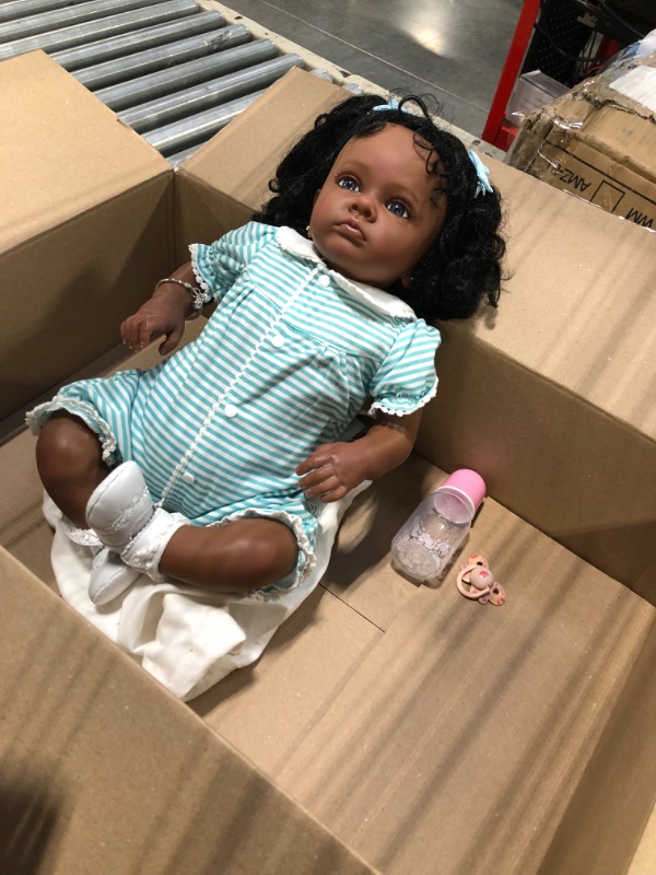 Photo 3 of Lifelike Reborn Baby Dolls Black Girl 24 inch African American Reborn Toddler Dolls Look Real Cute Soft Realistic Newborn Silicone Dolls for Girls Gift Toys Blue-24inch Girl