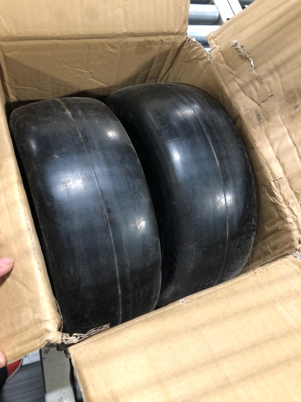 Photo 1 of 2 PCS 11x4.00-5" Flat Free Lawn Mower Tire on Wheel, 3/4" or 5/8" Bushing, 3.4"-4"-4.5 -5" Centered Hub, Universal Fit Smooth Tread Tire for Zero Turn Lawn Mowers, with Universal Adapter Kit