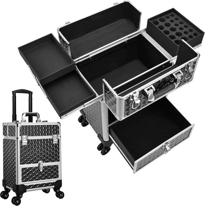 Photo 1 of Costravio Rolling Makeup Train Case, Large Storage Professional Cosmetic Trolley Makeup Travel Case with Drawer Key Swivel Wheels Beauty Barber Tattoo Case Trunk for Makeup Nail Tech, Black