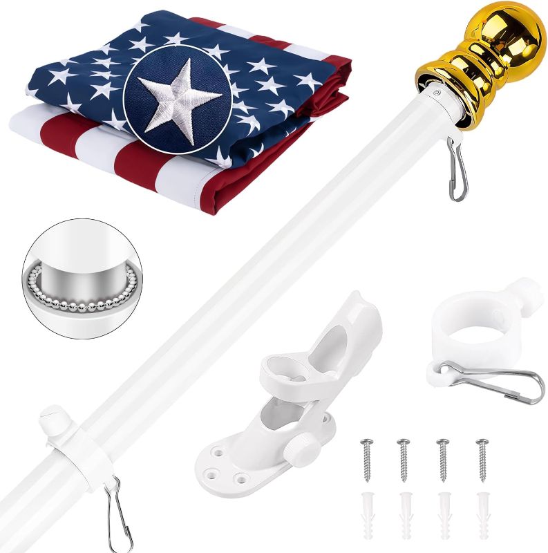 Photo 1 of American Flag 3x5 ft with White Pole Kit: Longest Lasting US Flag, Embroidered Stars, Brass Grommets, 6 Ft No Tangle Flagpole Aluminum and 2-Position Flag Pole Bracket