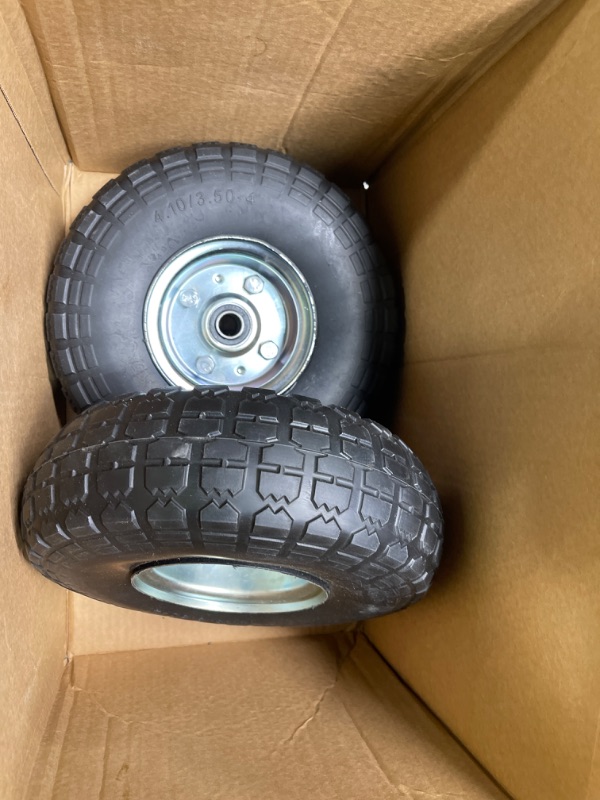 Photo 3 of 4.10/3.50-4 Tire Wheels 10" Heavy Duty Solid Flat-Free Replacement Tire with 5/8" Axle Borehole, 2.1" Offset Hub for Wagon Wheelbarrow Garden Cart Lawnmower and Trolleys, 2-Pack