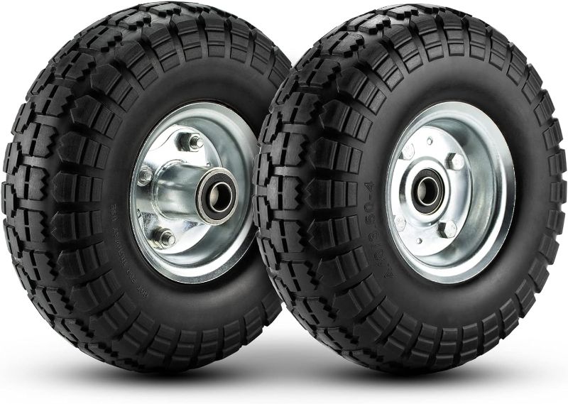 Photo 1 of 4.10/3.50-4 Tire Wheels 10" Heavy Duty Solid Flat-Free Replacement Tire with 5/8" Axle Borehole, 2.1" Offset Hub for Wagon Wheelbarrow Garden Cart Lawnmower and Trolleys, 2-Pack