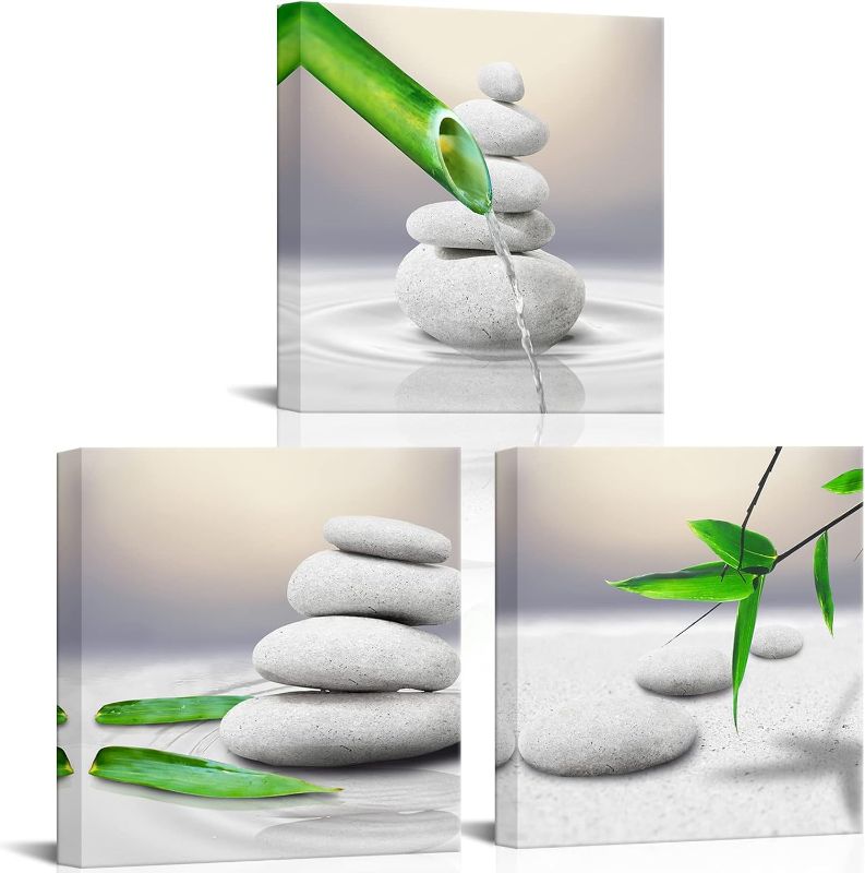 Photo 1 of YeiLnm Zen Canvas Wall Art Featuring Still Life Green Bamboo and White SPA Stone Pictures Prints Zen Meditation Artwork for Home Office Kitchen Dining Room Ready to Hang 12" x12x x3PCS
