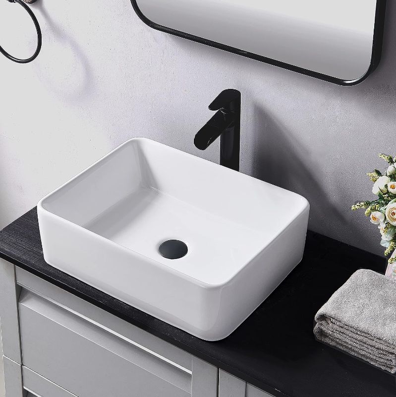 Photo 1 of  Rectangular Vessel Sink, 16"X12" White Bathroom Sink, Ceramic Vessel Sinks For Bathrooms, Rectangle Farmhouse Small Above Countertop Bathroom Vessel Sink