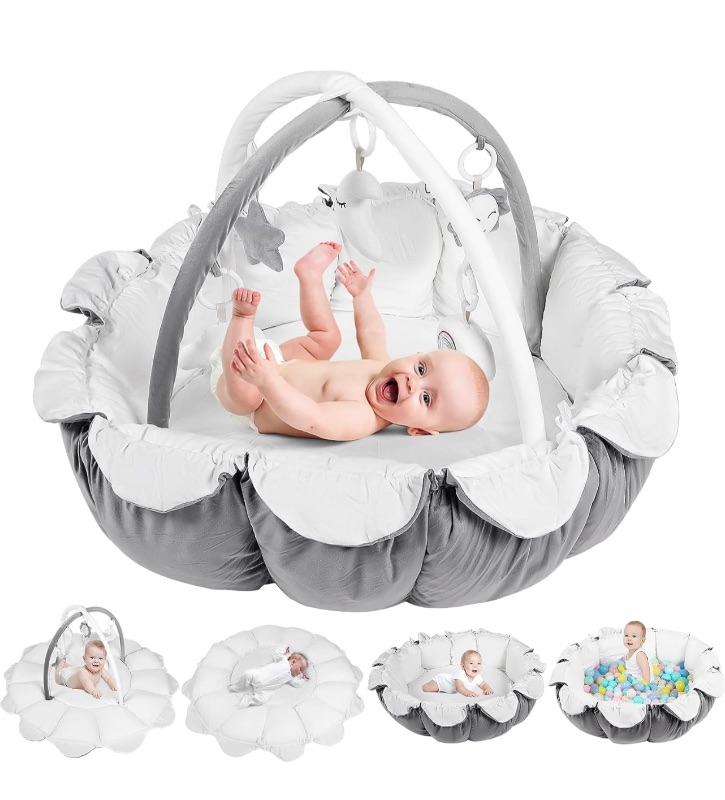 Photo 1 of 5 in 1 Thick and Plush Play Gym, Tummy Time Mat, Play Mat for Babies and Toddlers, Activity Gym, Baby Activity Center from Baby to Toddler, Ball Pit, Soft Plush Pet Bed, with 5 Toys(Gray)