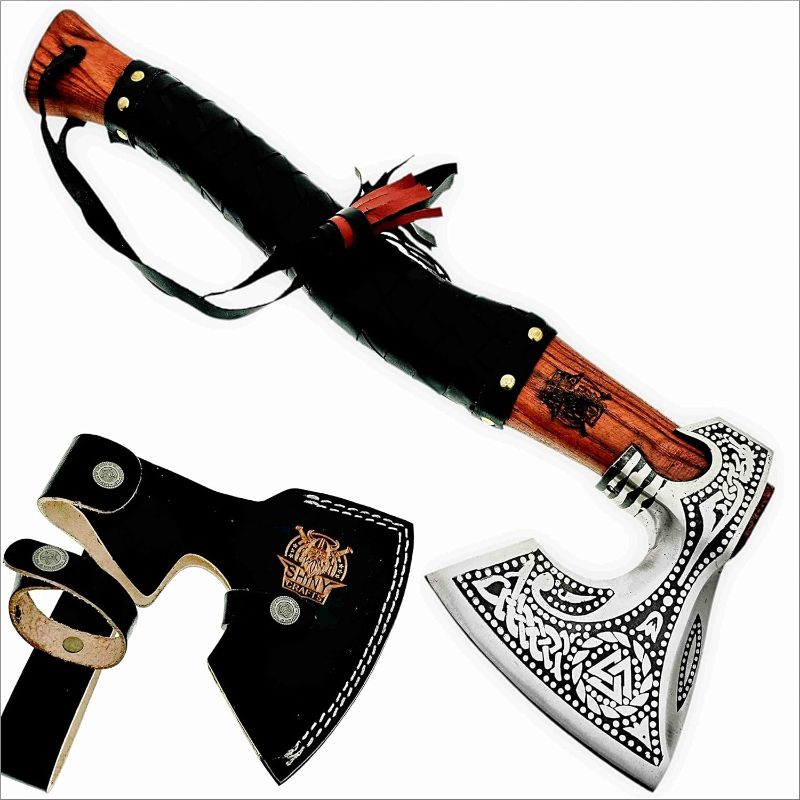 Photo 1 of SHINY CRAFTS | Custom Handmade Carbon Steel Viking Axe,Valentine's Day Gift, Birthday Gift for him, Leather Wrapped Handle and Leather Sheath (VBA-19)