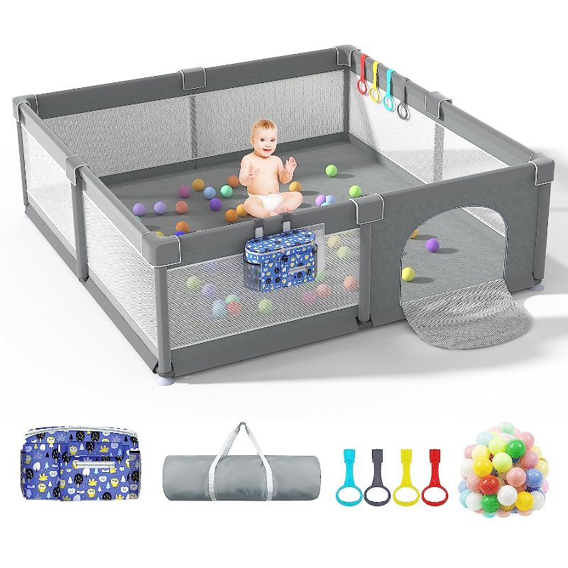 Photo 1 of LUTIKIANG Baby Playpen, 79" X 71" Extra Large Playpen for Babies and Toddlers with Gates, Baby Play Yards, Baby Fence Play Area, Safety Indoor Baby Play Area with Ocean Balls (Grey)
