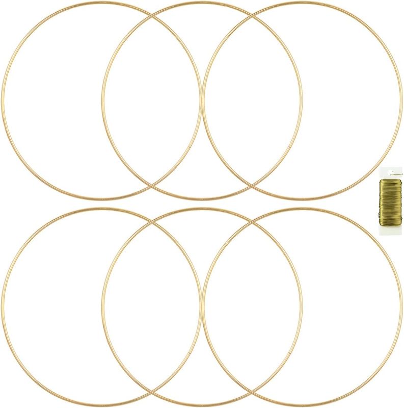 Photo 1 of 6 Pack Metal Rings for Crafts 22 Inches Macrame Rings Dream Catcher Supplies Floral Hoop Centerpieces Circle Centerpieces for Wedding table Metal Circle Hoops for Crafts DIY Wreath Candle Rings, Gold