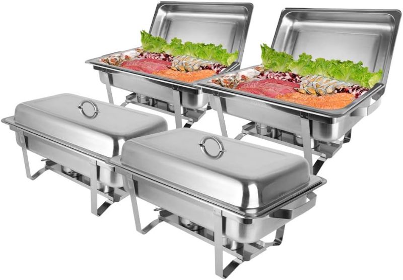 Photo 1 of 4 Pack Full Size Stainless Steel Chafing Dishes 8 Quart Chafing Dish Buffet Set Silver Rectangular Catering Chafer Warmer with Food Tray Lid and Fuel Holder for Buffet Banquet Party Catering Supplies 