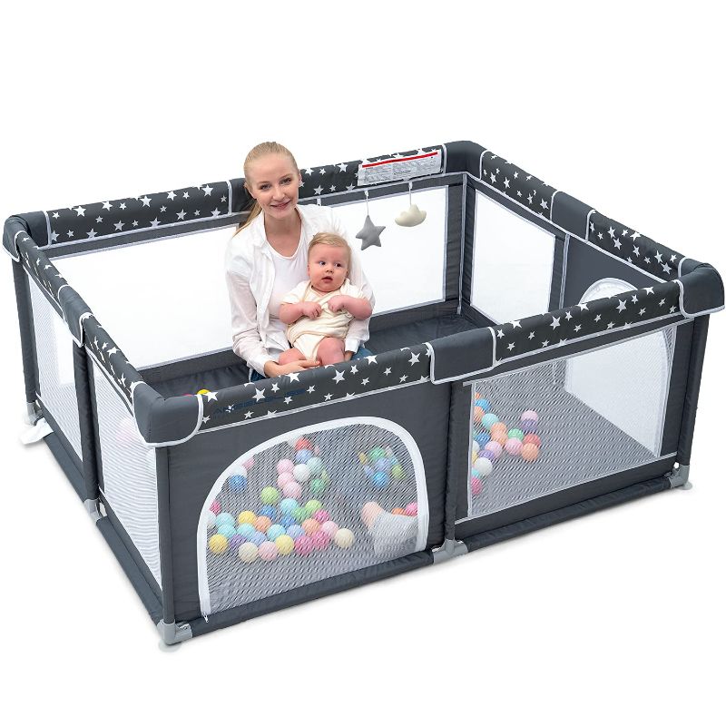 Photo 1 of ANGELBLISS Baby Playpen, Large Baby Playard, Play Pen for Babies and Toddlers with Gate, Indoor & Outdoor Play Area for Infants, Kids Safety Play Yard with Star Print (Dark Grey, 63"×47")