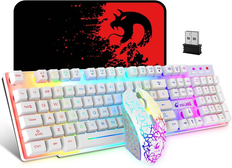 Photo 1 of Wireless Gaming Keyboard and Mouse Combo with Rainbow LED Backlit Rechargeable 3800mAh Battery Mechanical Feel,7 Color Gaming Mouse,Mouse Pad for Windows PC Gamers(Black) Black Rainbow