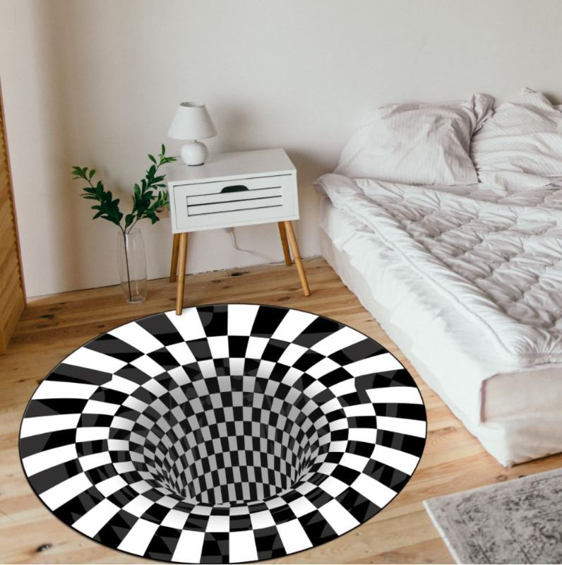 Photo 1 of 3D Vortex Illusion Round Carpet Black White Plaid Rugs 3D Visual Optical Floor Mat for Bedroom Living Room Home Decor Non-Slip Area Rug 5Ft