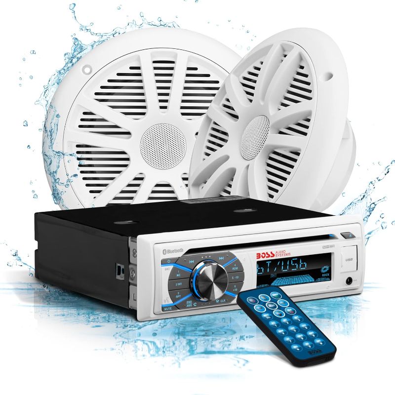 Photo 1 of BOSS Audio Systems MCK508WB.6 Marine Boat Stereo Sound System Speaker Package - Single Din Radio Receiver Head Unit, CD Player, Bluetooth Audio, Two 6.5 Inch Full Range Speakers, Dipole Antenna
