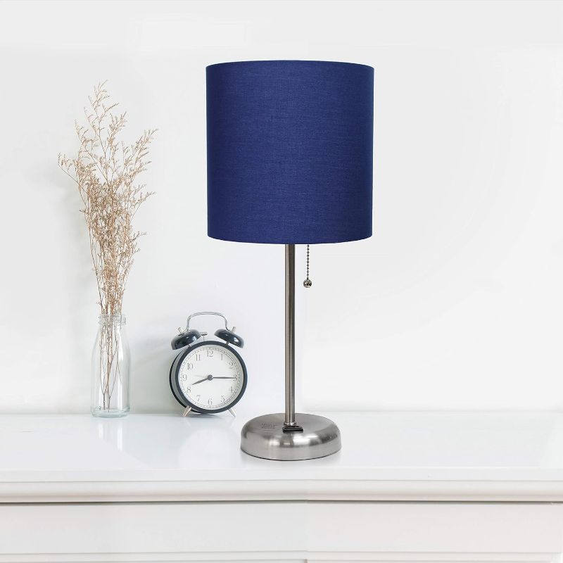Photo 1 of  Brushed Steel Stick Lamp with Charging Outlet and Navy Fabric Shade Table Desk Lamp Set , 8.5 x 8.5 x 19.5
