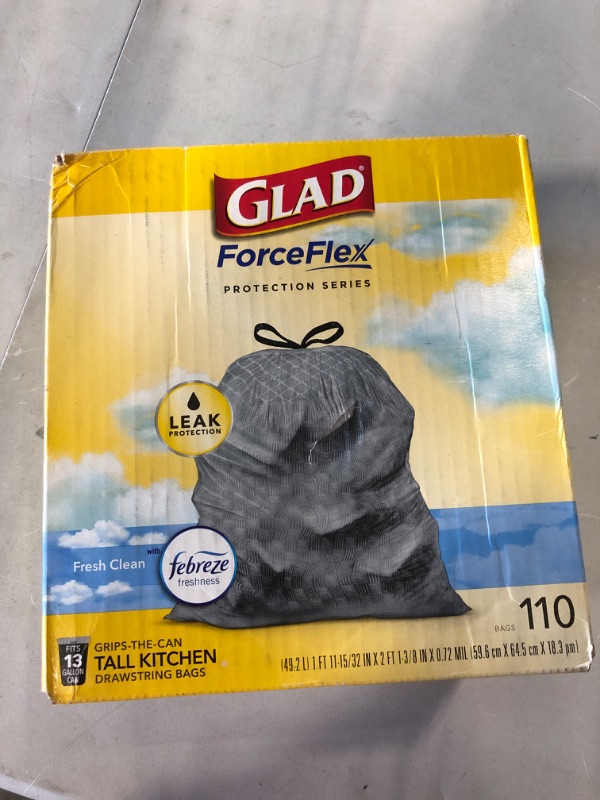 Photo 1 of Glad ForceFlex Tall Kitchen Drawstring Trash Bags, 13 Gal, Fresh Clean Scent with Febreze, 110 Ct 110 Count (Pack of 1) Febreze Fresh Clean