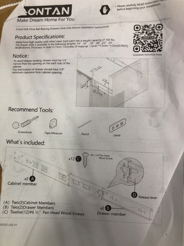 Photo 4 of 1 Pair Heavy Duty Drawer Slides 24 inch 3-Fold Ball Bearing Drawer Slides - LONTAN 4502S3-22 Drawer Rails Heavy Duty 100 LB Capacity Full Extension Drawer Slides 22 Inch 1 Pair