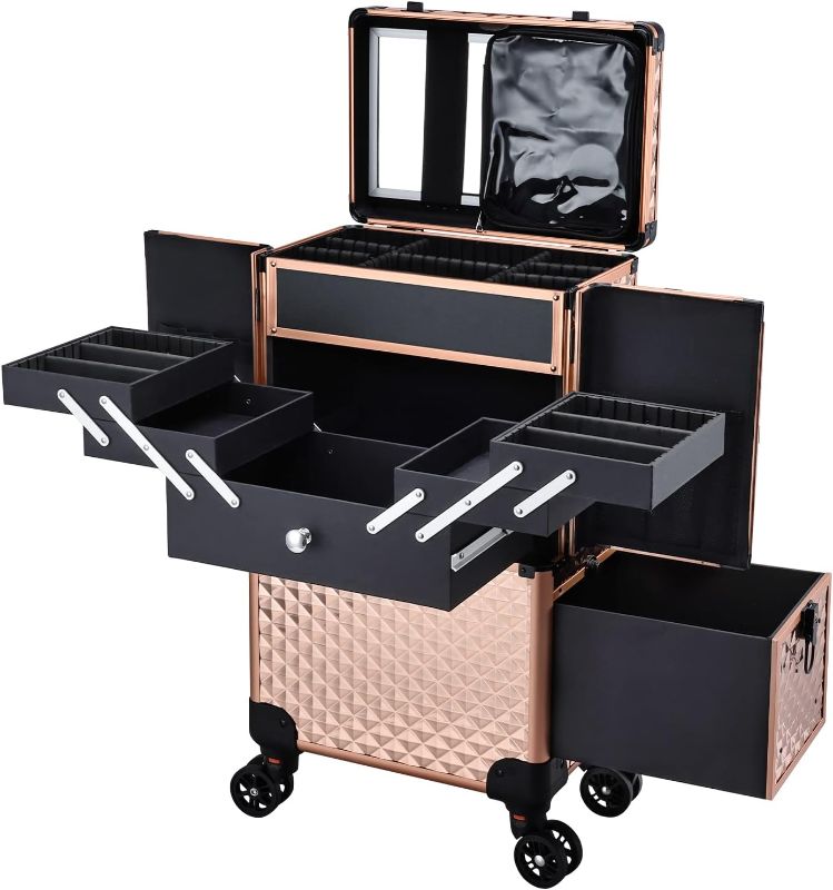 Photo 1 of Adazzo Professional Makeup Rolling Train Case Cosmetic Train Case Large Trolley Storage Case for Nail Cosmetology Case with Compartments for Hairstylist Rose Gold