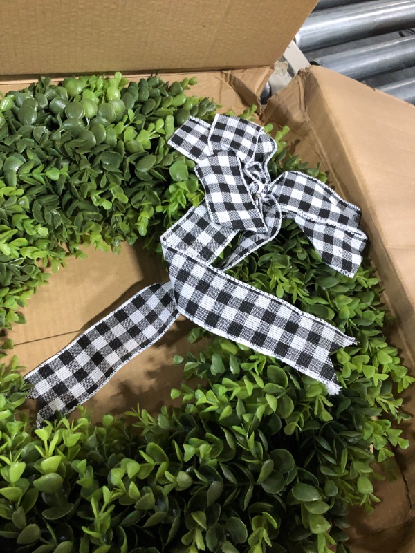 Photo 1 of 23" Faux Round Boxwood Wreath, Vlorart Artificial Boxwood Wreath Front Door Wreaths Artificial Spring Summer Greenery Hanging with A Plaid Bow for Front Door Wall Hanging Window Wedding Party Decor 23inch