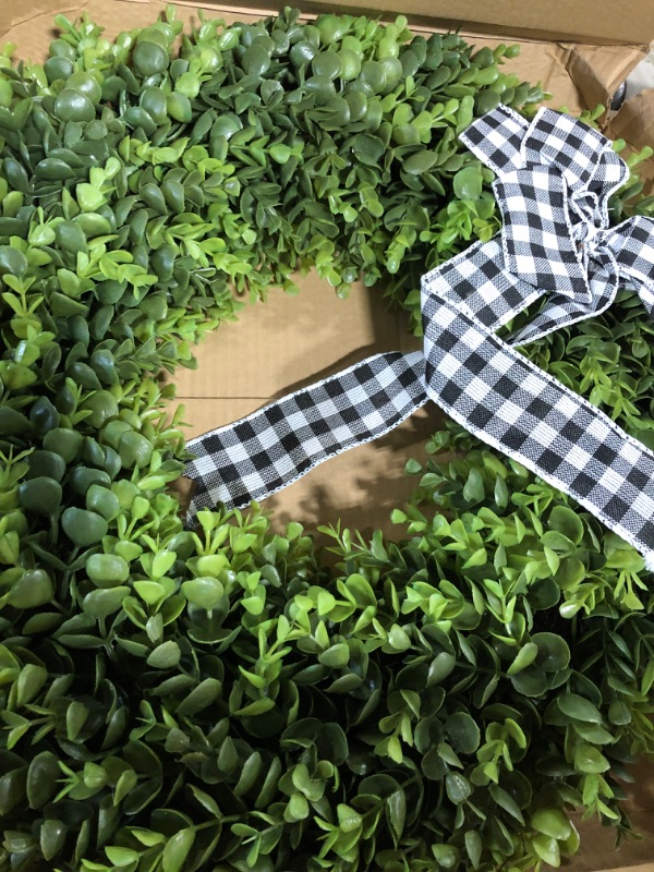 Photo 1 of 23" Faux Round Boxwood Wreath, Vlorart Artificial Boxwood Wreath Front Door Wreaths Artificial Spring Summer Greenery Hanging with A Plaid Bow for Front Door Wall Hanging Window Wedding Party Decor 23inch