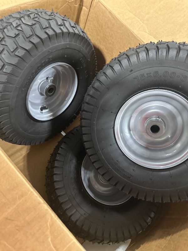 Photo 3 of (2 Pack) 15 x 6.00-6 Tire and Wheel Set - for Lawn Tractors with 3” Centered Hub and 3/4" Sintered iron bushings