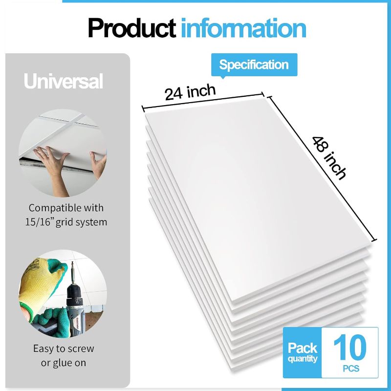 Photo 1 of Art3d 10-Pack Smooth Drop Ceiling Tile 2ft x 4ft - Fire-Rated, Waterproof, Reusable - Premium PVC, No Sag and Breakage - Cover 80 Sq. Ft, White