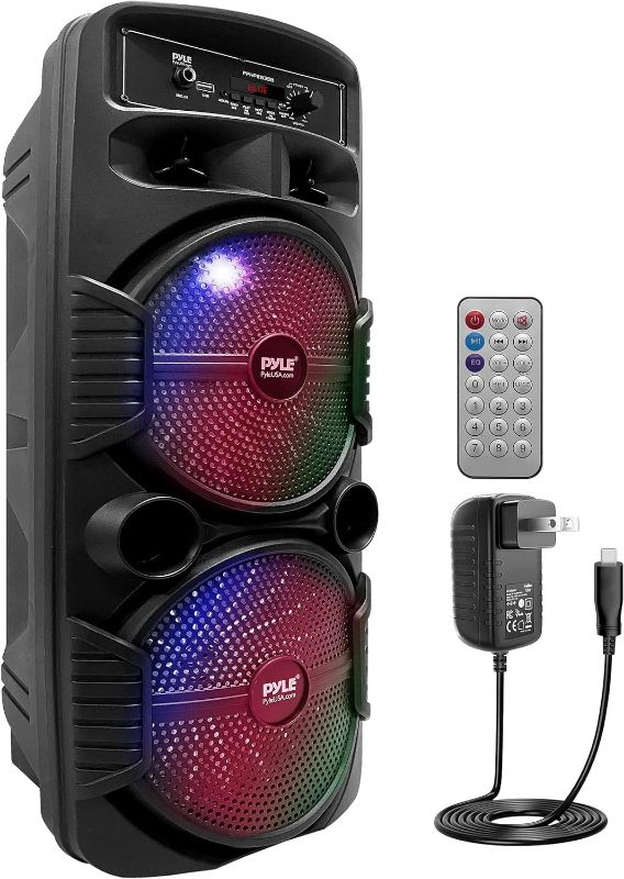 Photo 1 of Pyle Portable Bluetooth PA Speaker System - 600W Rechargeable Outdoor Bluetooth Speaker Portable PA System w/ Dual 8” Subwoofer 1” Tweeter, Microphone In, Party Lights, USB, Radio