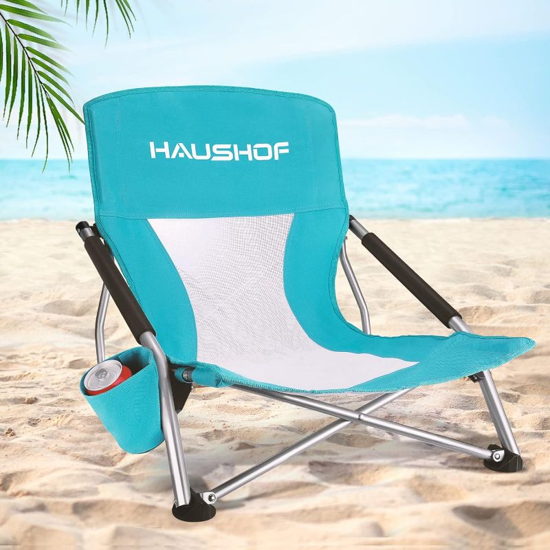 Photo 1 of HAUSHOF Low Beach Chair, Mesh Back Folding Chair, Lightweight Low Seat Camping Chairs with Cup Holder, Carry Bag, Padded Armrest, for Outdoor Beach Lawn...
